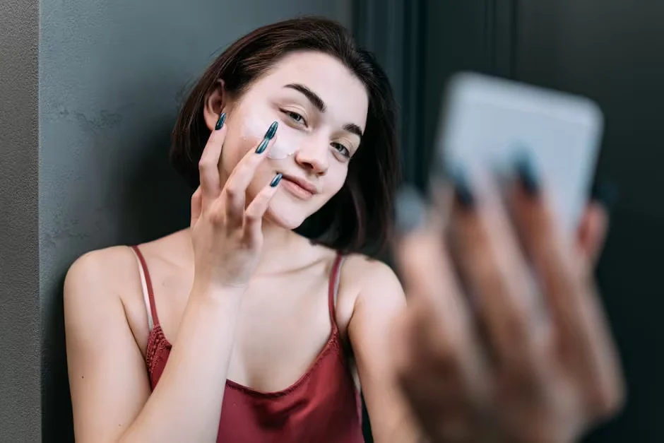 A woman applying moisturiser to her face while holding a phone