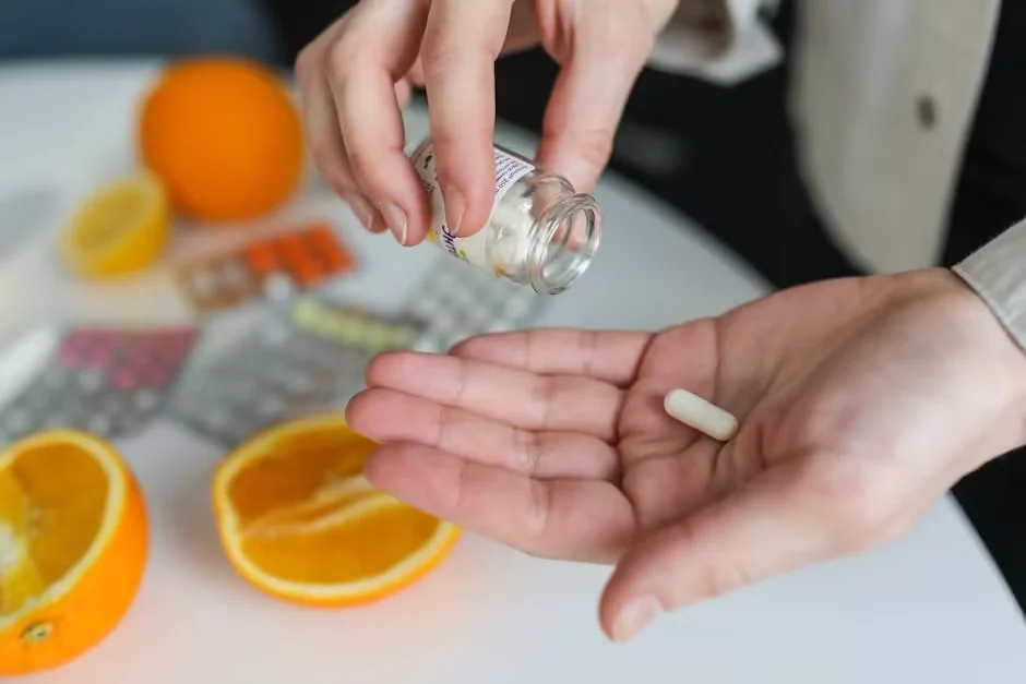 Hands tipping a supplement tablet from a bottle beside sliced oranges