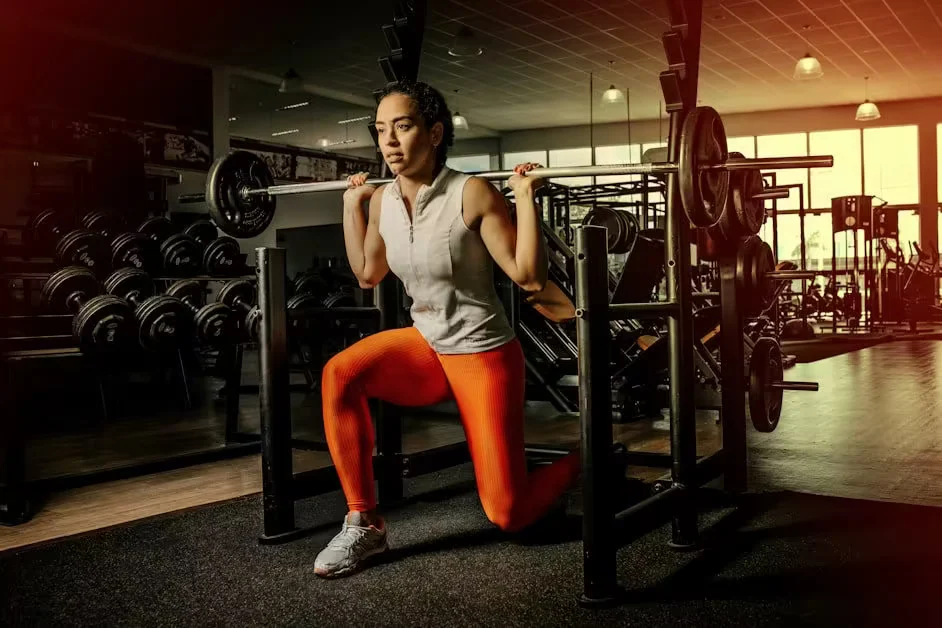 A woman performing a barbell lunge in a gym rack