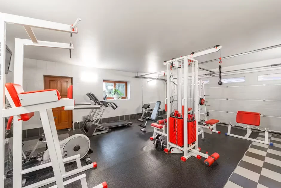 A home gym with a cable machine, bench and free weights