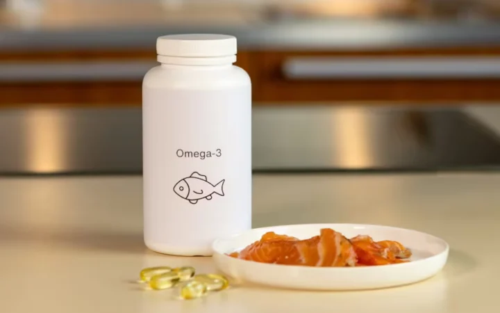 An omega-3 bottle beside a dish of smoked salmon and capsules