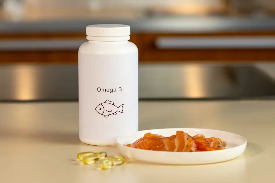 An omega-3 bottle beside a dish of smoked salmon and capsules