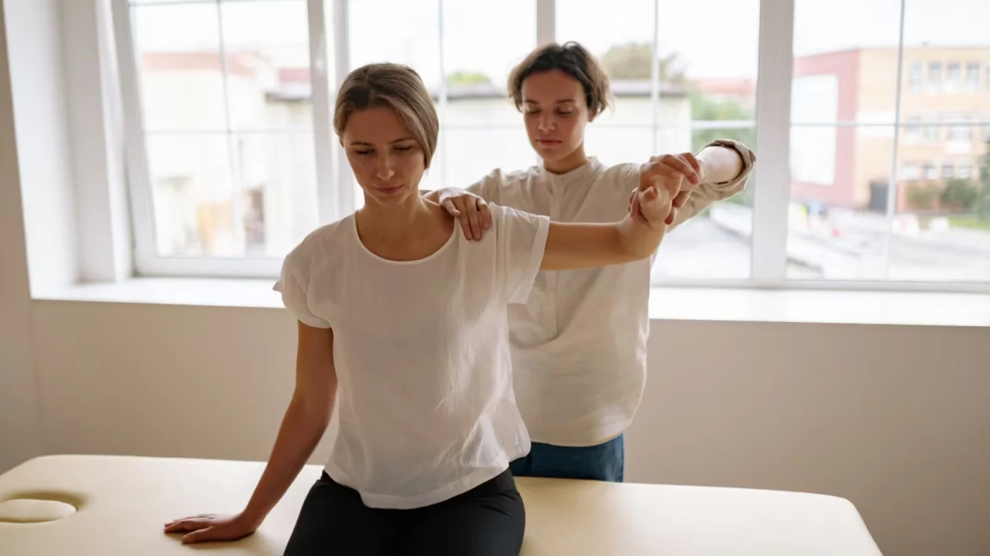 Therapist assists a woman with arm stretching during a physical therapy session in a bright, indoor setting.