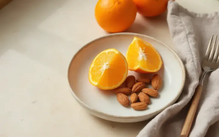 Generated illustration of almonds and an orange, not a photograph of the dish