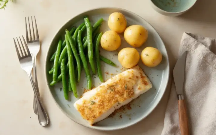 Generated illustration of baked cod with potatoes and green beans, not a photograph of the dish