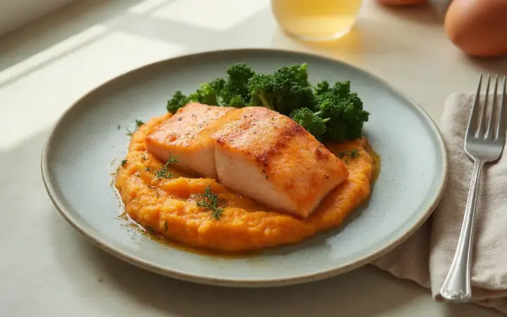 Generated illustration of baked salmon with sweet potato mash and kale, not a photograph of the dish