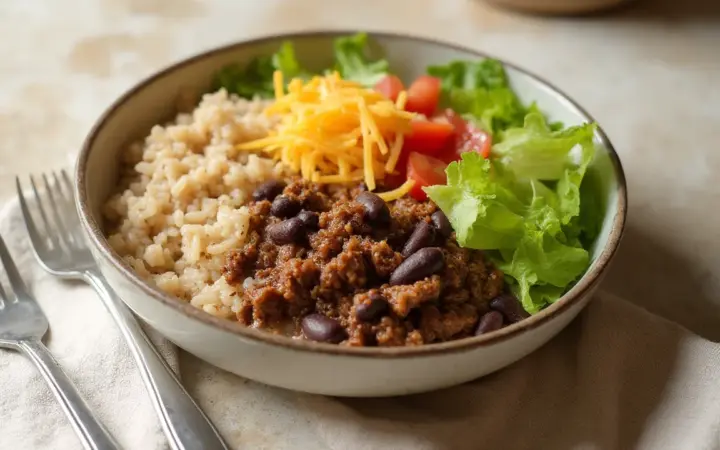 Generated illustration of beef and black bean burrito bowl, not a photograph of the dish