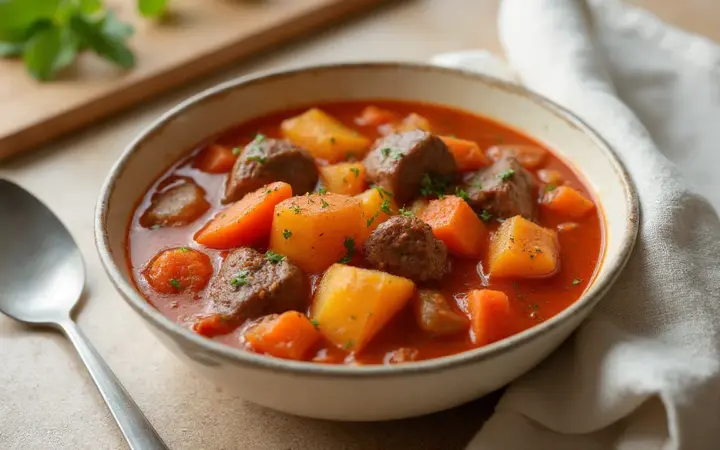 Generated illustration of beef and vegetable stew with potatoes, not a photograph of the dish