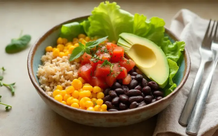 Generated illustration of black bean and corn burrito bowl, not a photograph of the dish