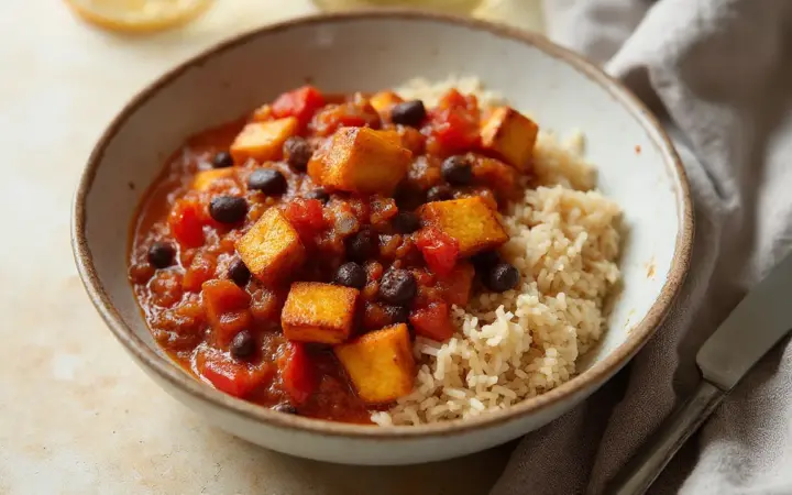 Generated illustration of black bean and tofu chilli with rice, not a photograph of the dish