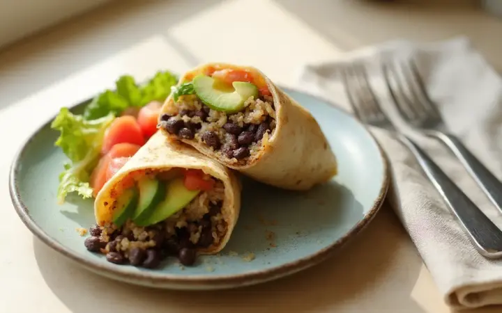 Generated illustration of black bean burrito, not a photograph of the dish