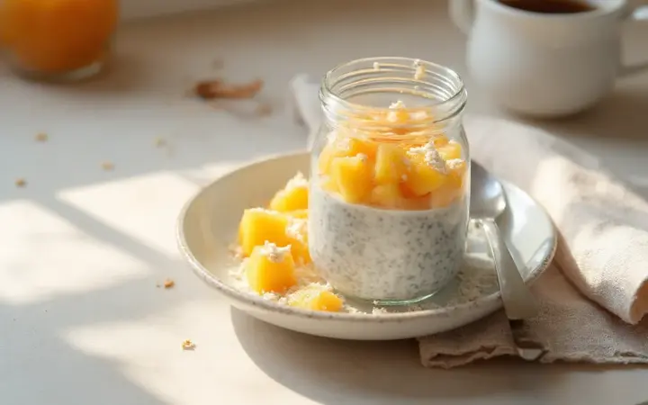 Generated illustration of chia pudding with mango and coconut, not a photograph of the dish