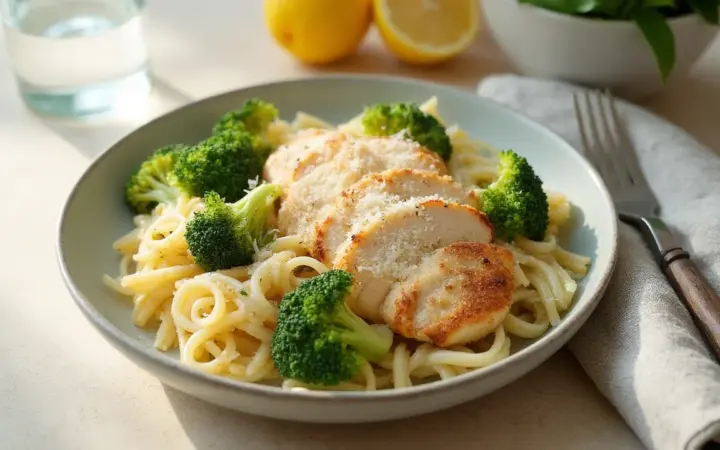 Generated illustration of chicken and broccoli pasta, not a photograph of the dish