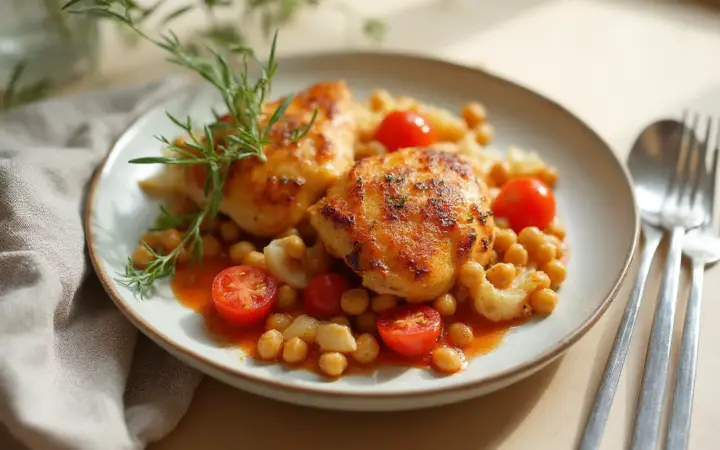 Generated illustration of chicken and chickpea tray bake, not a photograph of the dish