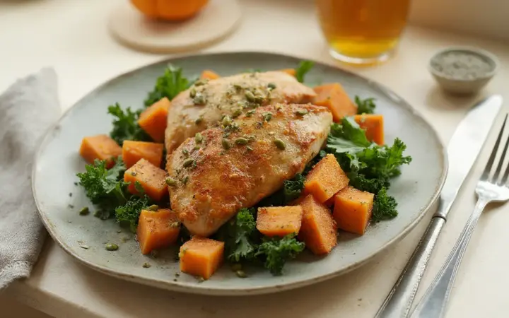 Generated illustration of chicken and roast sweet potato salad, not a photograph of the dish