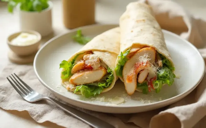 Generated illustration of chicken caesar-style wrap, not a photograph of the dish