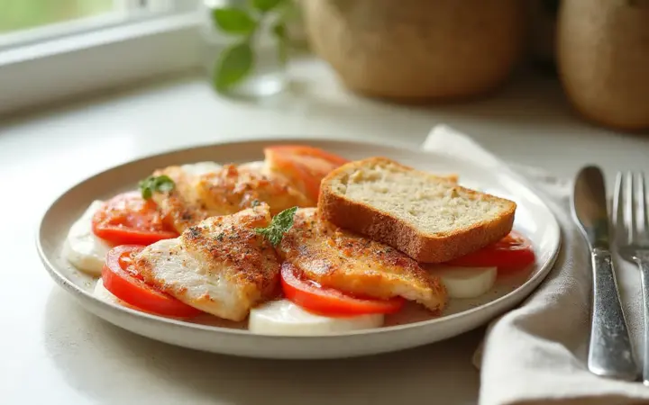 Generated illustration of chicken caprese plate, not a photograph of the dish