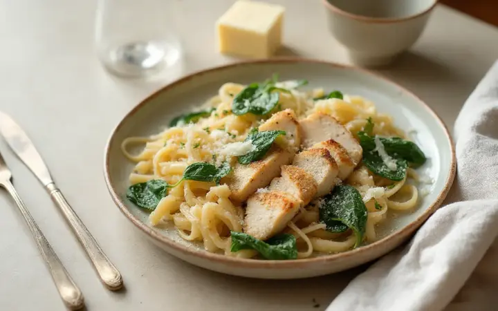 Generated illustration of chicken, spinach and parmesan pasta, not a photograph of the dish