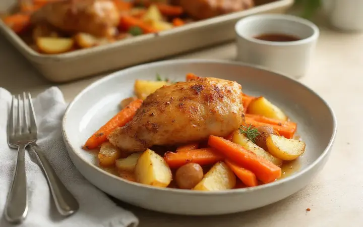 Generated illustration of chicken thigh, potato and carrot tray bake, not a photograph of the dish