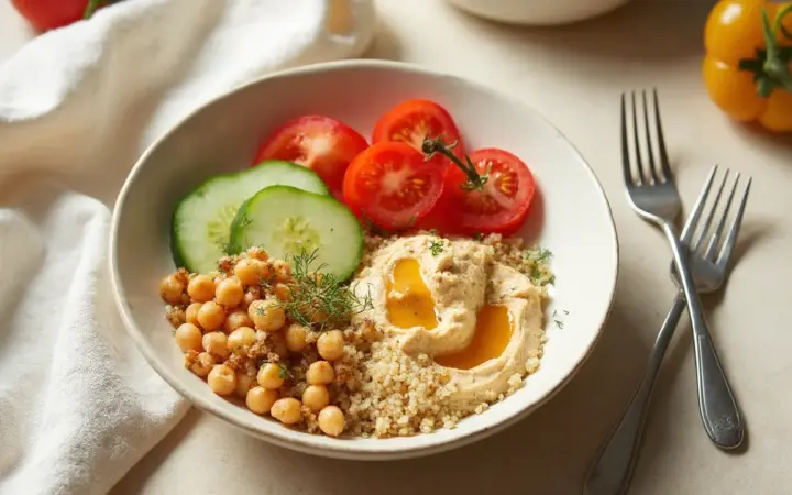 Generated illustration of chickpea, quinoa and tahini bowl, not a photograph of the dish