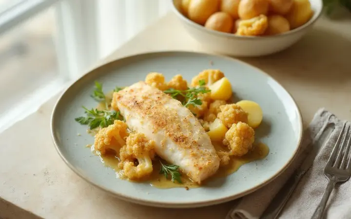 Generated illustration of cod with cauliflower and potatoes, not a photograph of the dish