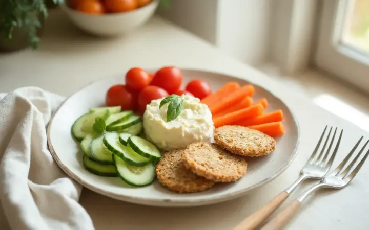Generated illustration of cottage cheese and veg plate with rice cakes, not a photograph of the dish