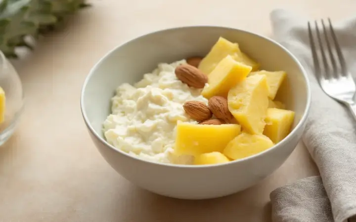Generated illustration of cottage cheese bowl with pineapple and almonds, not a photograph of the dish