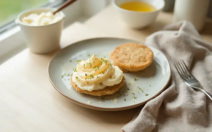 Generated illustration of cottage cheese on rice cakes, not a photograph of the dish