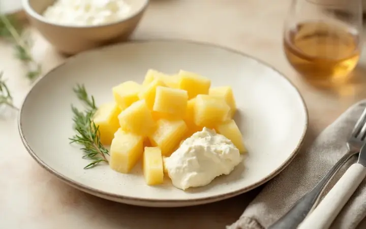 Generated illustration of cottage cheese with pineapple, not a photograph of the dish
