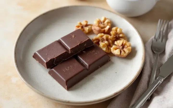 Generated illustration of dark chocolate and walnuts, not a photograph of the dish