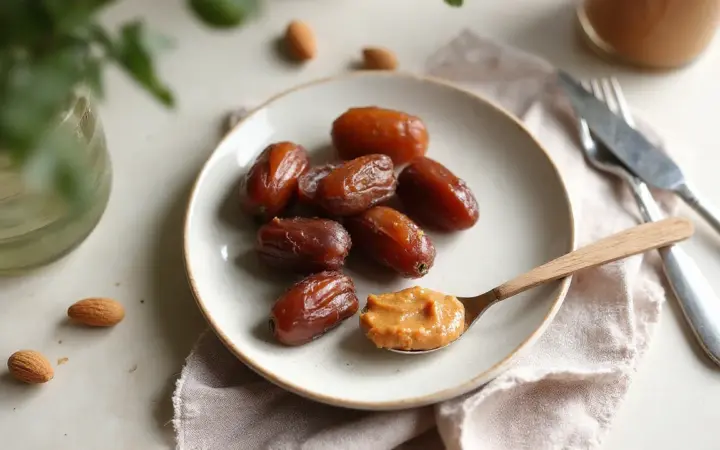 Generated illustration of dates with almond butter, not a photograph of the dish