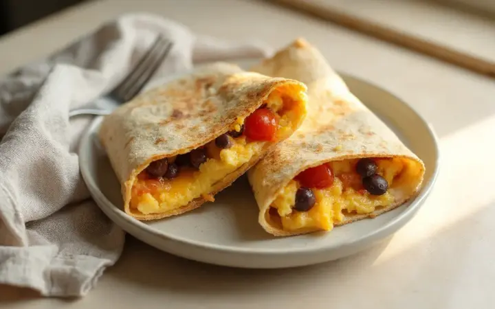 Generated illustration of egg and black bean breakfast burrito, not a photograph of the dish