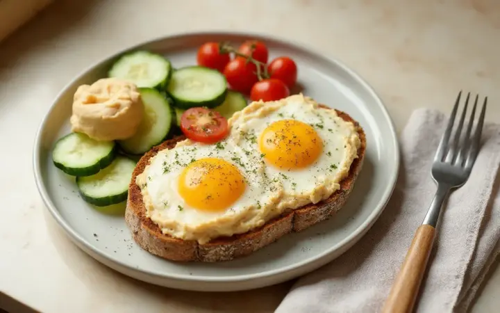 Generated illustration of egg and hummus open sandwich, not a photograph of the dish