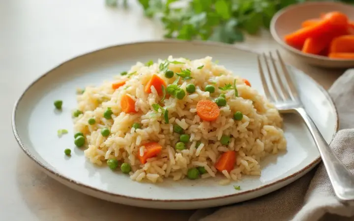 Generated illustration of egg and vegetable fried rice, not a photograph of the dish