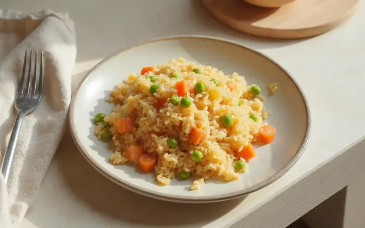 Generated illustration of egg fried rice with peas and carrots, not a photograph of the dish