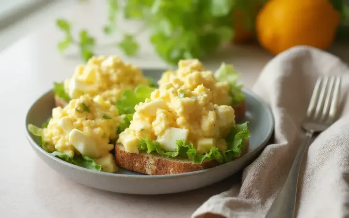 Generated illustration of egg salad on wholegrain bread, not a photograph of the dish