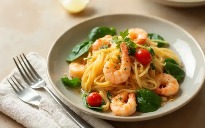 Generated illustration of garlic prawn pasta with spinach, not a photograph of the dish