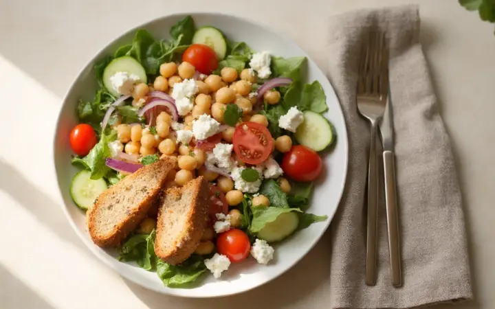 Generated illustration of greek salad with feta and chickpeas, not a photograph of the dish