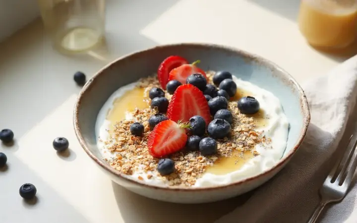 Generated illustration of greek yoghurt berry bowl, not a photograph of the dish