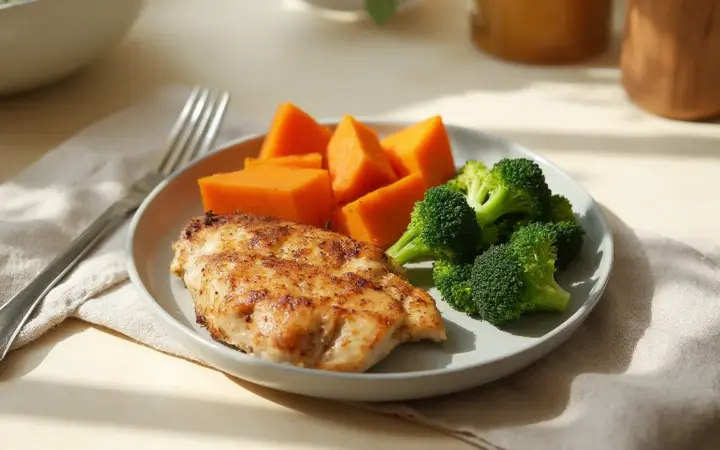 Generated illustration of grilled chicken with roast sweet potato and broccoli, not a photograph of the dish