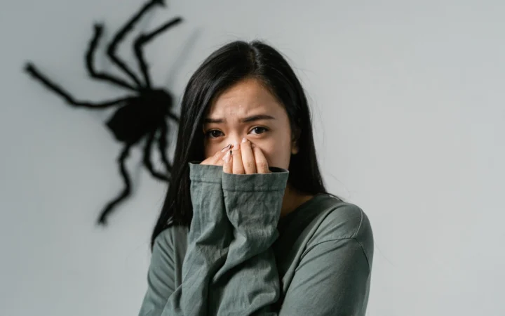 Anxious woman indoors with a large wall spider, depicting arachnophobia.