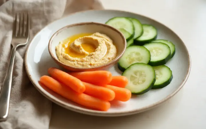 Generated illustration of hummus with carrot and cucumber sticks, not a photograph of the dish