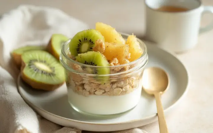 Generated illustration of kiwi and yoghurt crunch cup, not a photograph of the dish