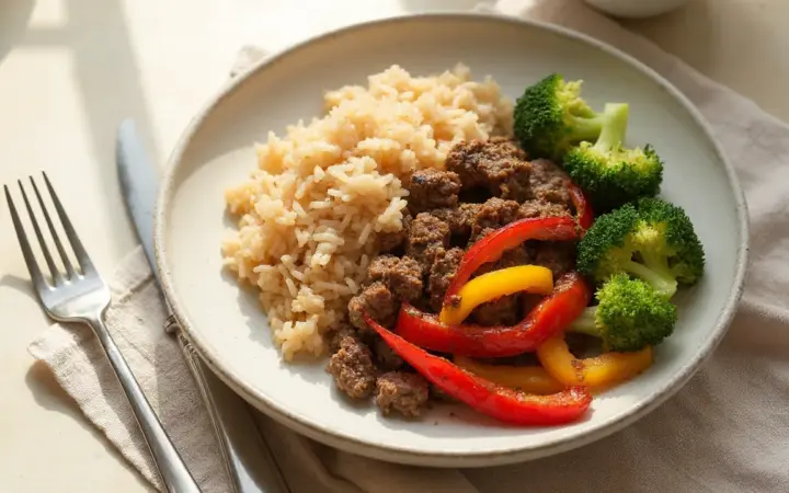 Generated illustration of lean beef and vegetable stir-fry with rice, not a photograph of the dish