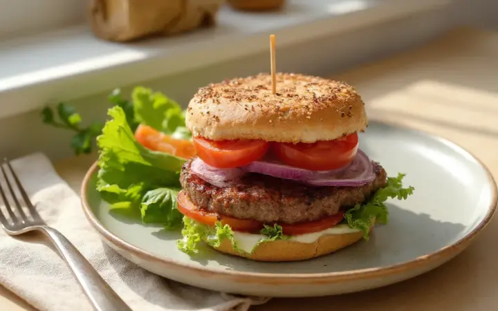 Generated illustration of lean beef burgers with salad, not a photograph of the dish