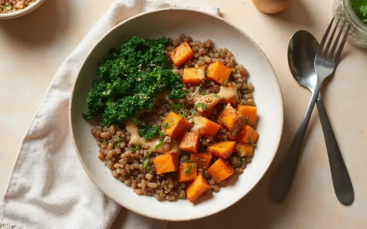Generated illustration of lentil and roast sweet potato bowl, not a photograph of the dish