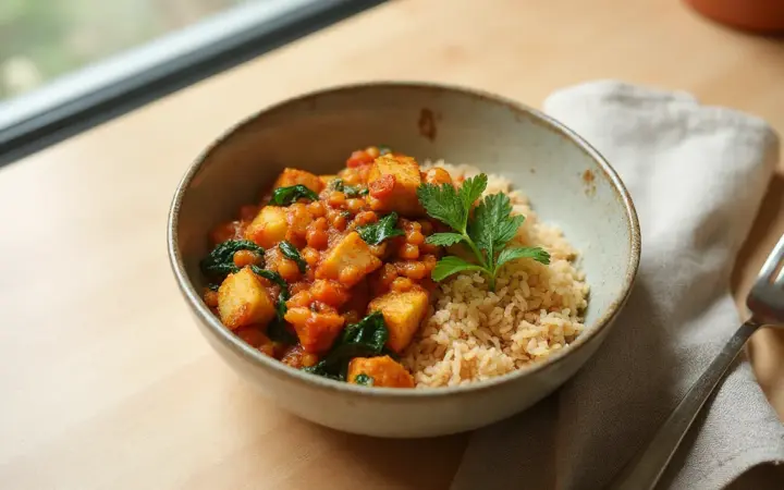Generated illustration of lentil and tofu curry bowl, not a photograph of the dish