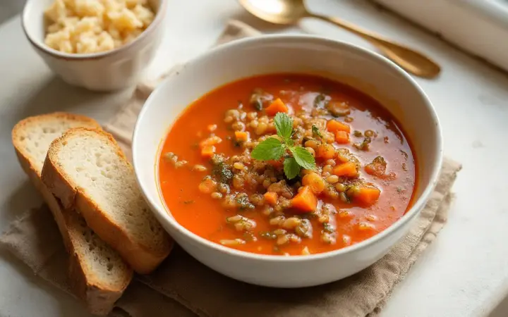 Generated illustration of lentil and tomato soup with wholegrain bread, not a photograph of the dish