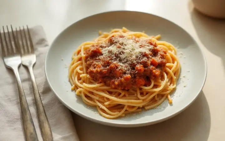 Generated illustration of lentil bolognese with wholewheat pasta, not a photograph of the dish