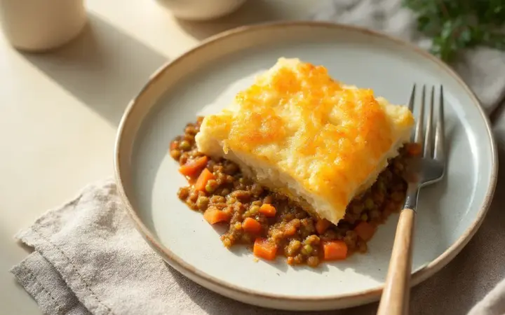 Generated illustration of lentil shepherd's pie, not a photograph of the dish